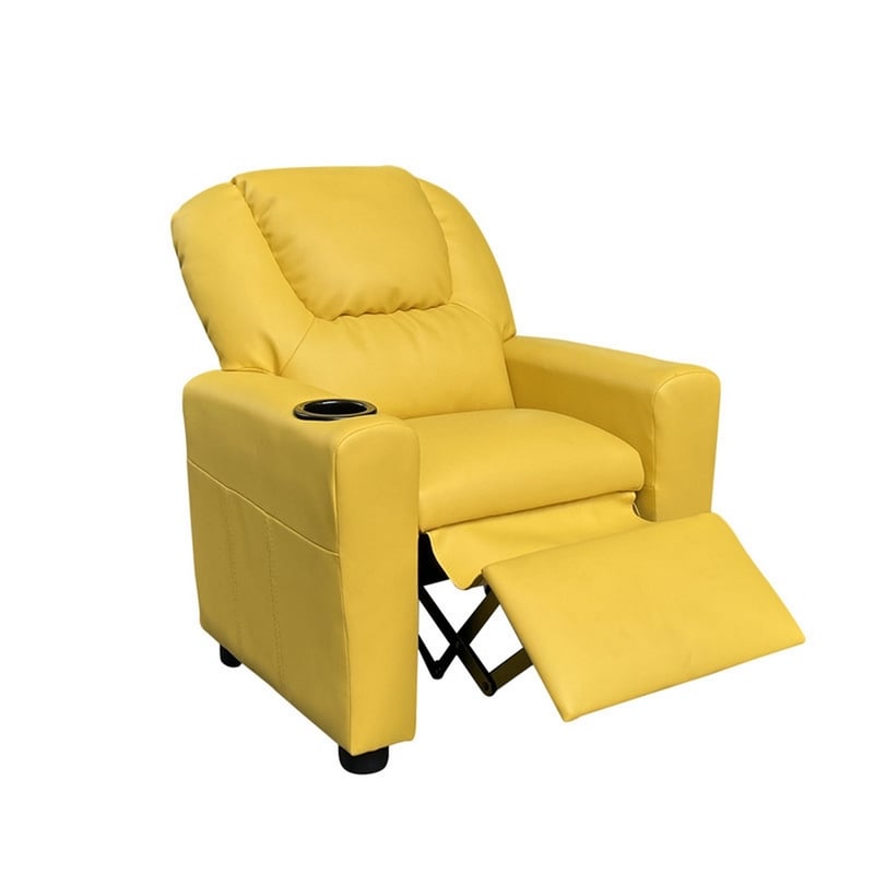 Benjara Kids Youth Recliner Chair with Cup Holder-Yellow Faux Leather Upholstery