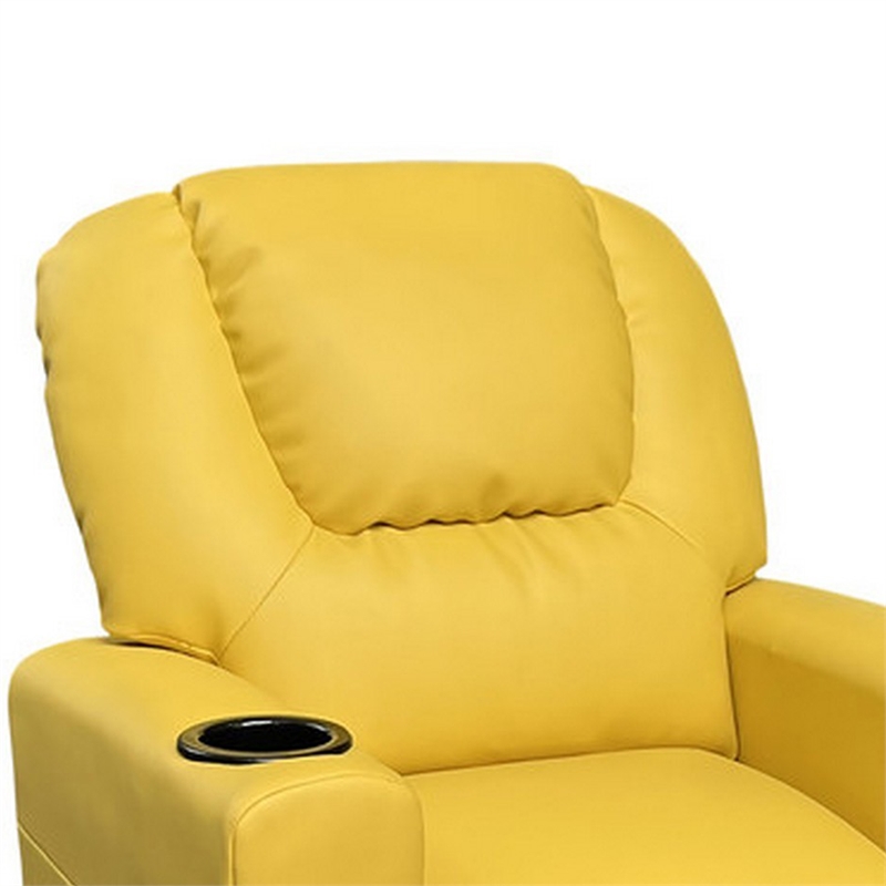 Benjara Kids Youth Recliner Chair with Cup Holder-Yellow Faux Leather Upholstery