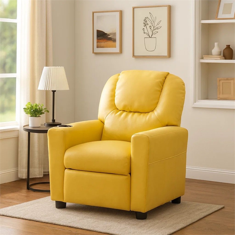 Benjara Kids Youth Recliner Chair with Cup Holder-Yellow Faux Leather Upholstery