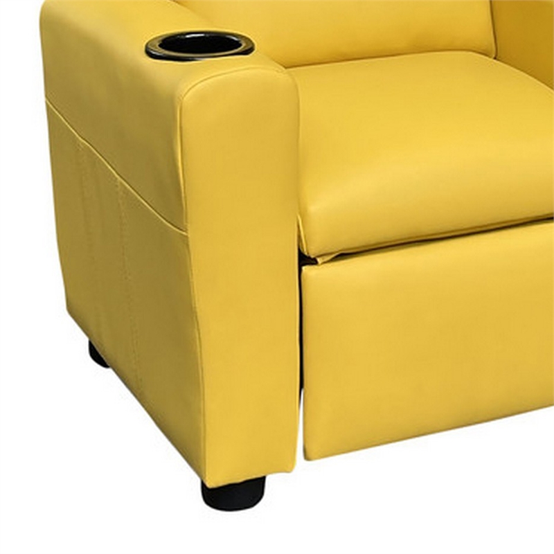 Benjara Kids Youth Recliner Chair with Cup Holder-Yellow Faux Leather Upholstery