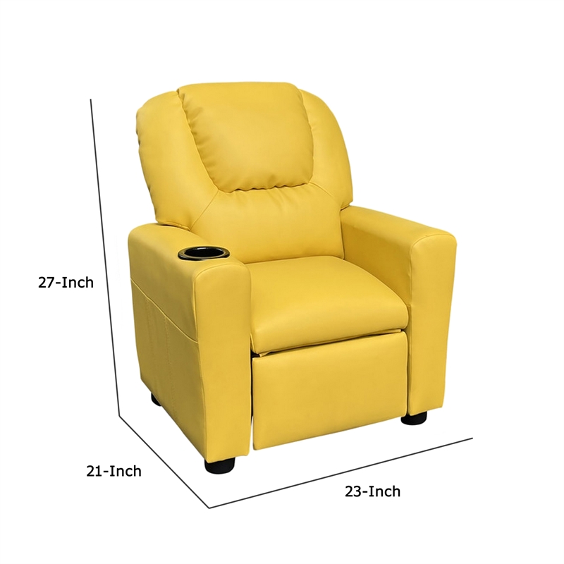 Benjara Kids Youth Recliner Chair with Cup Holder-Yellow Faux Leather Upholstery