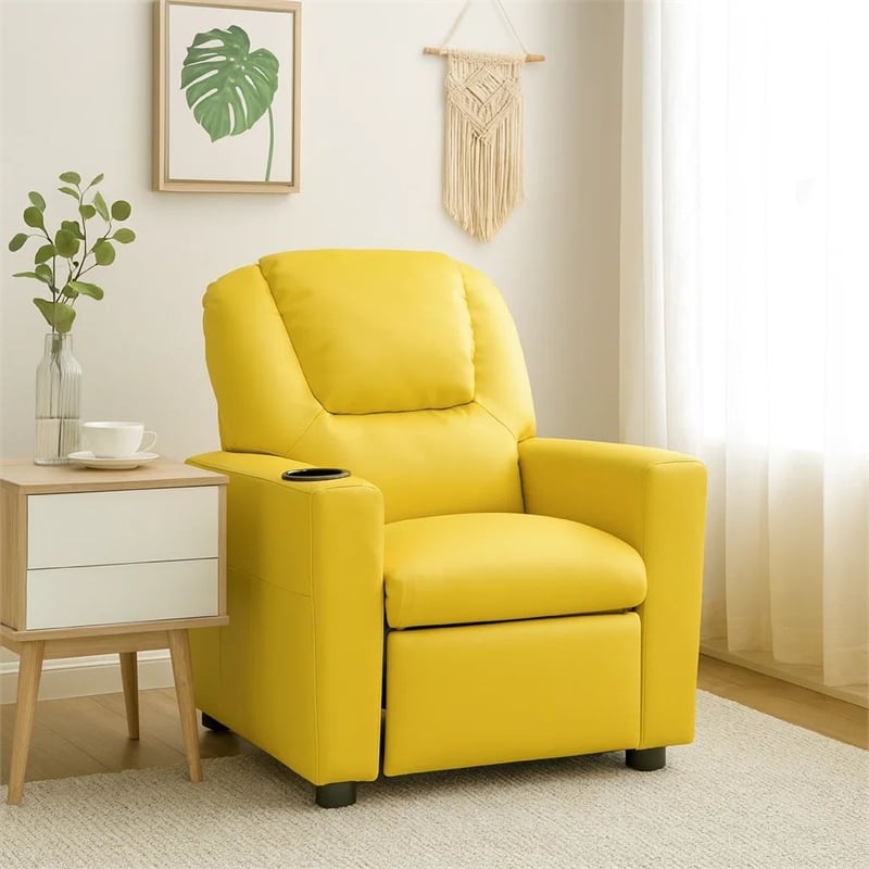 Benjara Kids Youth Recliner Chair with Cup Holder-Yellow Faux Leather Upholstery