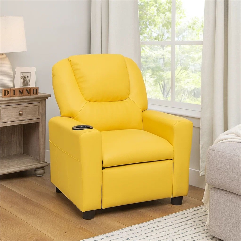Benjara Kids Youth Recliner Chair with Cup Holder-Yellow Faux Leather Upholstery