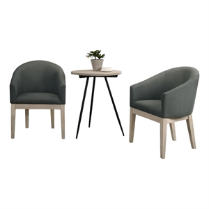 Benjara 3 Piece Side Table Set- 2 Barrel Chairs- Oak White Wood- Gray Upholstery