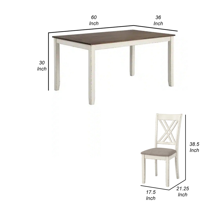 Benjara 7 Piece Dining Set- Dry Brushed Weathered Wood Surface- Gray Upholstery