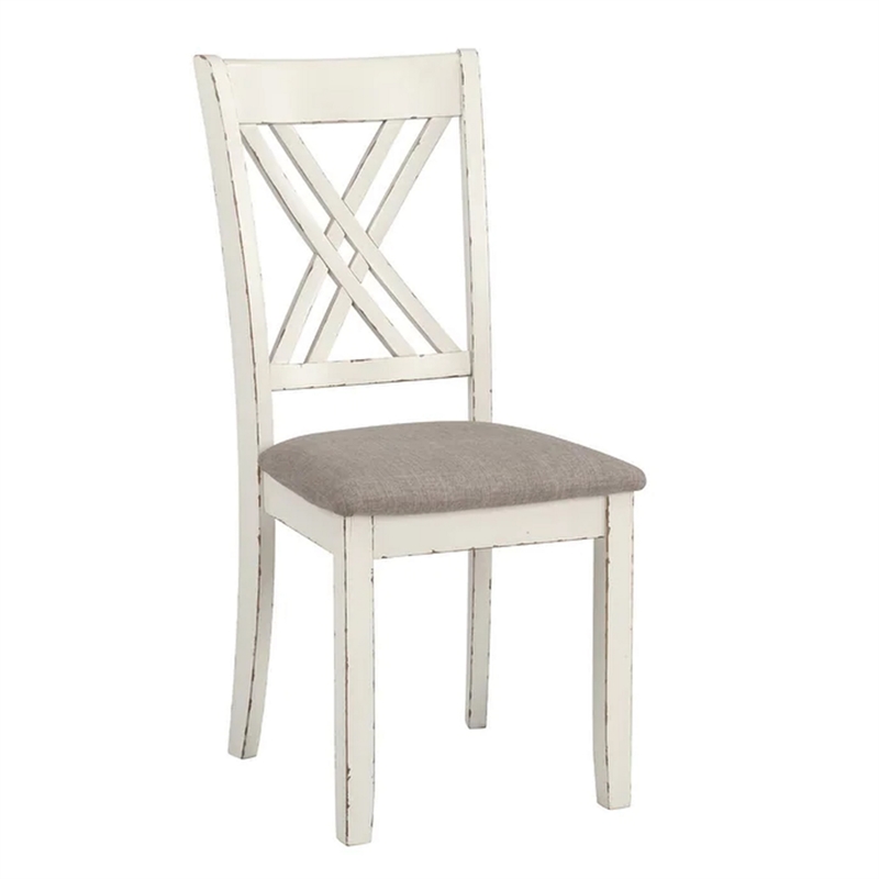 Benjara 7 Piece Dining Set- Dry Brushed Weathered Wood Surface- Gray Upholstery
