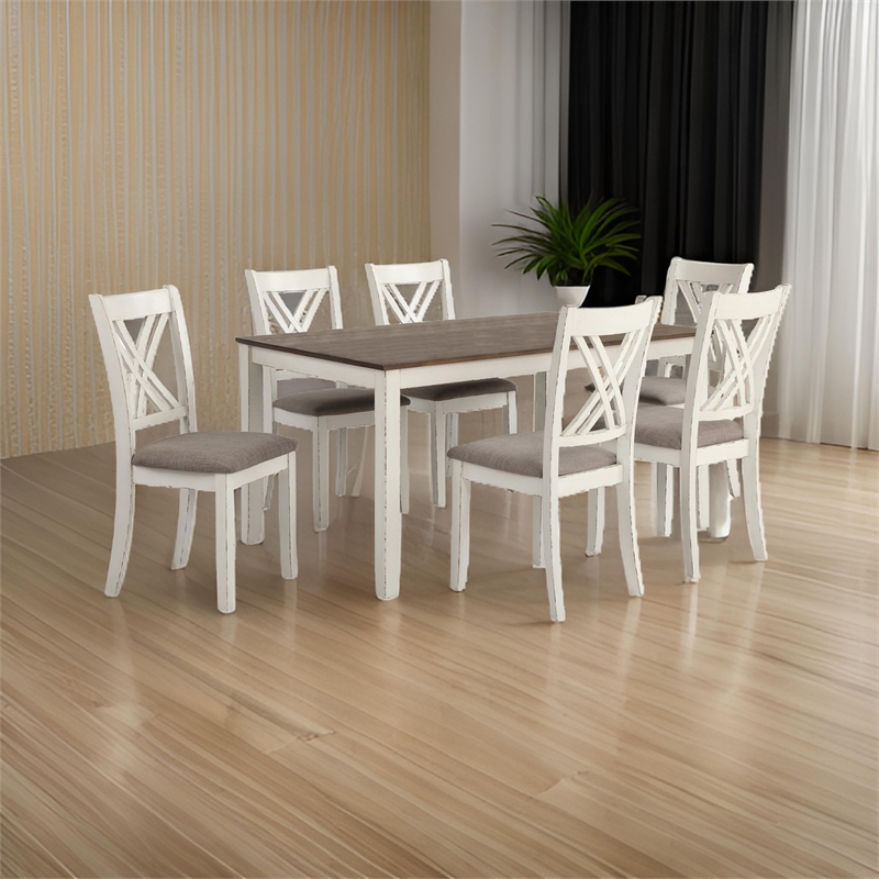 Benjara 7 Piece Dining Set- Dry Brushed Weathered Wood Surface- Gray Upholstery