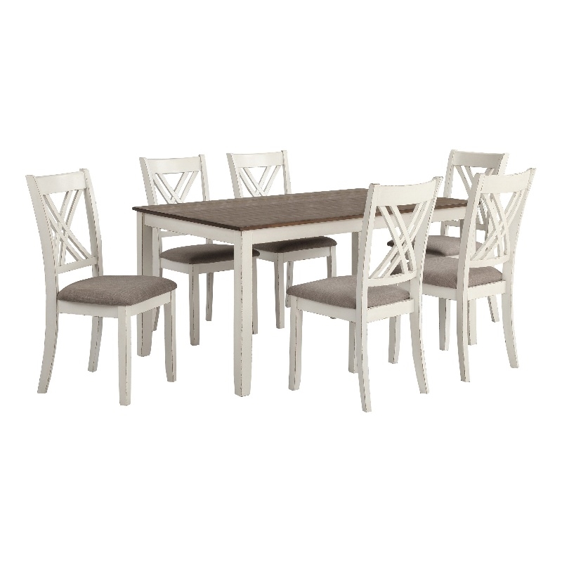 Benjara 7 Piece Dining Set- Dry Brushed Weathered Wood Surface- Gray Upholstery
