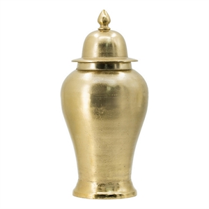 Benjara 21&quot Lidded Vase Urn- Finial Accent- Brilliant Gold Aluminum Finish
