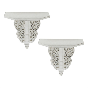 Benjara 14&quot Set of 2 Wall Decorations- Shelves- Antique White/Carved Design