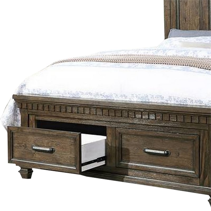 Benjara Ziv Classic Wood Queen Size Bed with Storage Drawers-Metal Handles-Brown