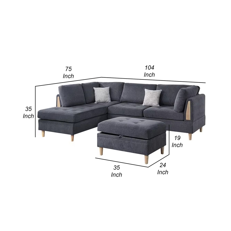 Benjara Cato 3 PC L Shape Sectional Sofa Set with Ottoman- 2 Pillows- Charcoal
