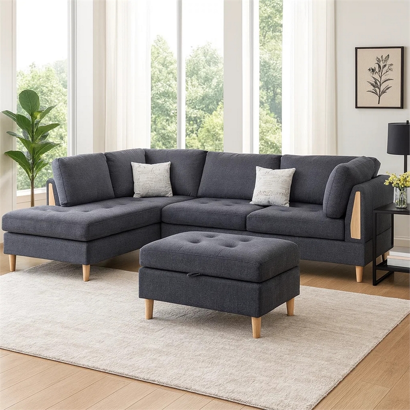 Benjara Cato 3 PC L Shape Sectional Sofa Set with Ottoman- 2 Pillows- Charcoal