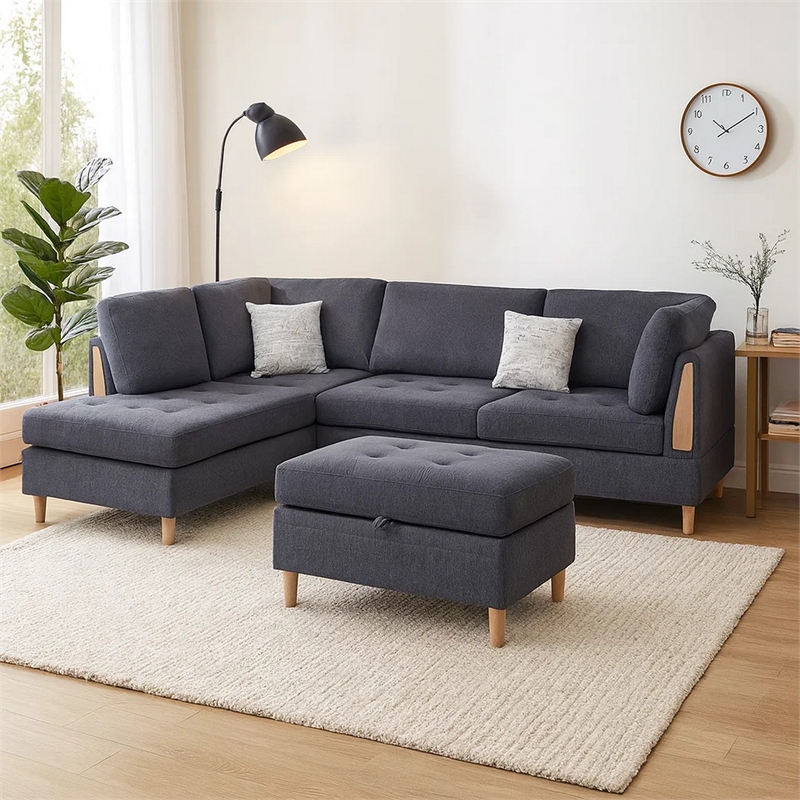 Benjara Cato 3 PC L Shape Sectional Sofa Set with Ottoman- 2 Pillows- Charcoal