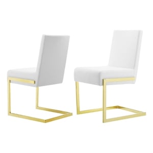 Benjara 19&quot Dining Chair (Set of 2)- White Vegan Leather- Gold Cantilever Base