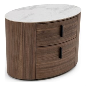 Benjara Cid Anay 27&quot Nightstand- Oval Faux White Marble Top- Walnut Veneer