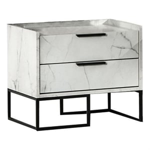 Benjara Noe Paul 24&quot Wood NightStand-2 Drawers-Faux White Marble-Metal Legs