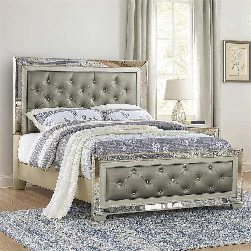 Benjara Reva California King Bed with Mirror Inlay-Upholstered Gray Faux Leather