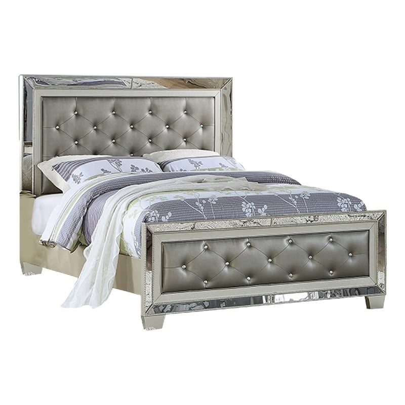 Benjara Reva California King Bed with Mirror Inlay-Upholstered Gray Faux Leather
