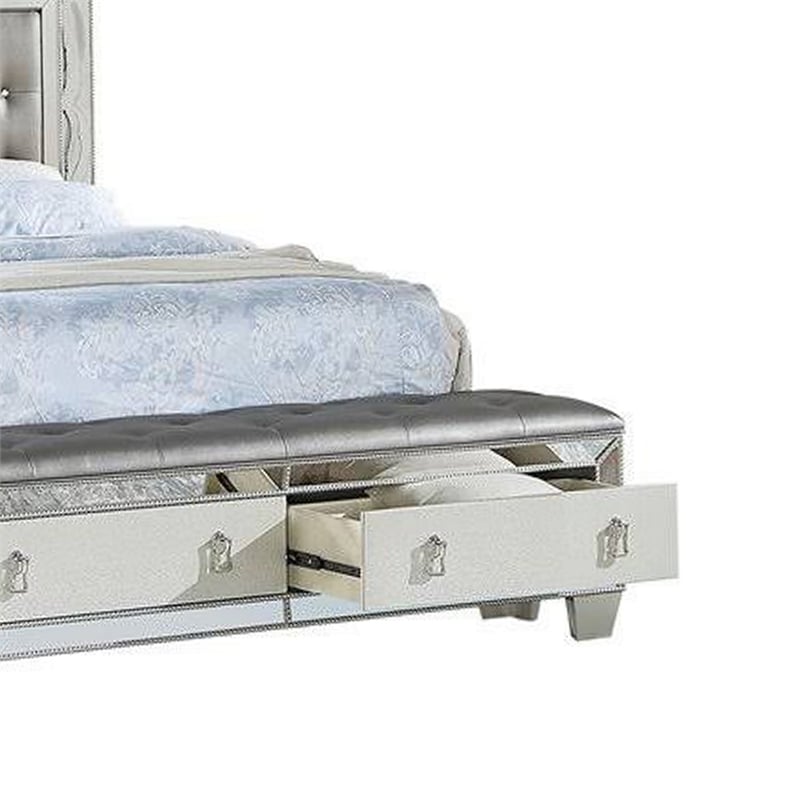 Benjara Reva California King Bed- Storage Bench- Upholstered Silver Faux Leather