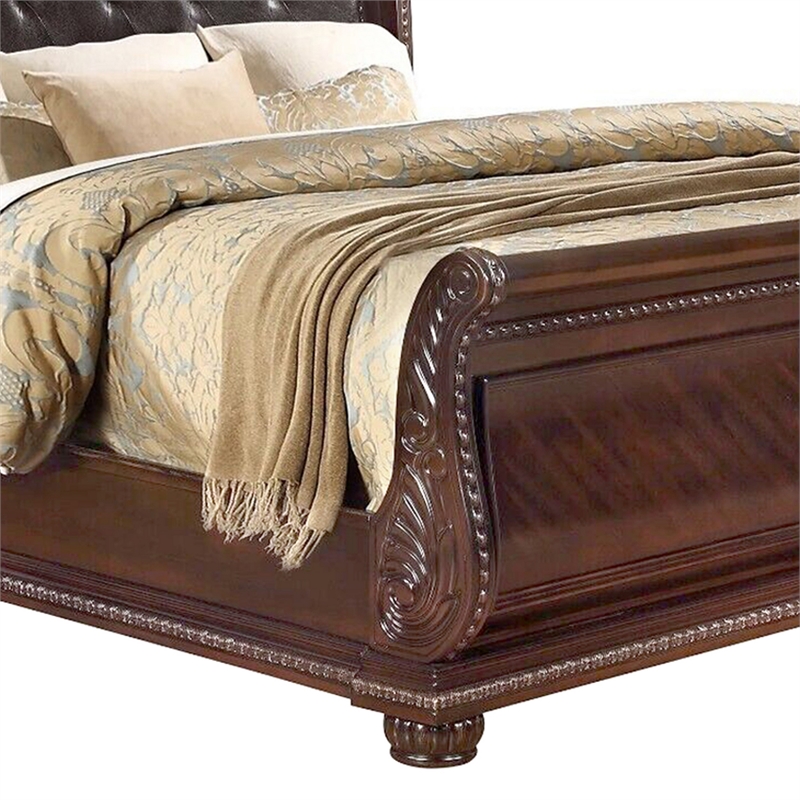 Benjara Mano King Bed-Faux Leather Upholstery-Classic Floral Carved-Brown Wood