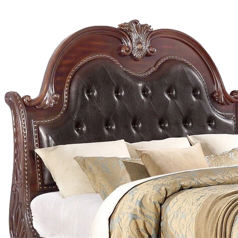 Benjara Mano King Bed-Faux Leather Upholstery-Classic Floral Carved-Brown Wood