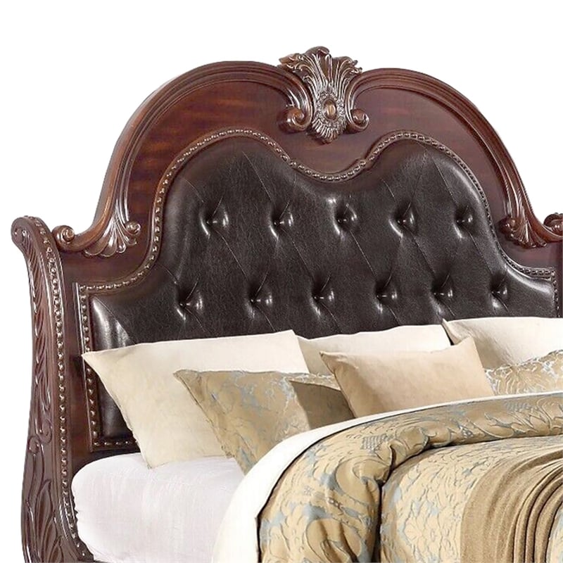 Benjara Mano King Bed-Faux Leather Upholstery-Classic Floral Carved-Brown Wood