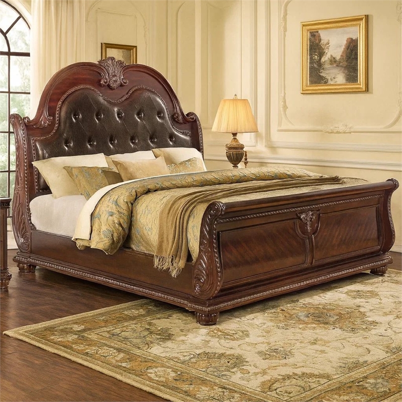 Benjara Mano King Bed-Faux Leather Upholstery-Classic Floral Carved-Brown Wood