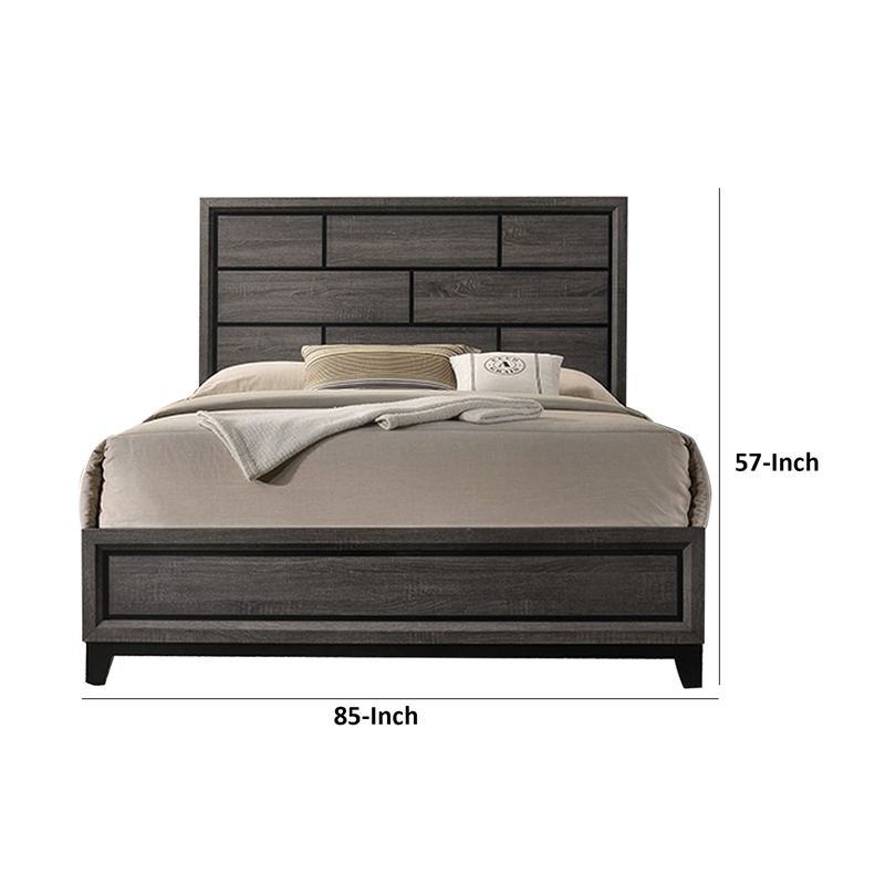 Benjara Mazie King Bed- Brick Style Headboard- Black Tapered Legs- Oak Gray Wood