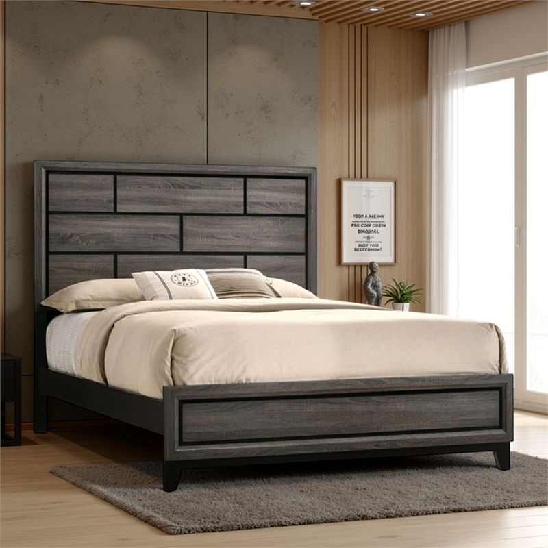 Benjara Mazie King Bed- Brick Style Headboard- Black Tapered Legs- Oak Gray Wood
