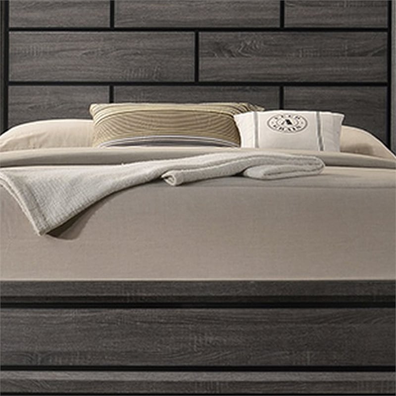 Benjara Mazie King Bed- Brick Style Headboard- Black Tapered Legs- Oak Gray Wood