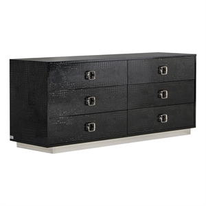 Benjara Hart 63&quot Dresser- 6 Drawers- Crocodile Skin Texture- Lacquer- Black
