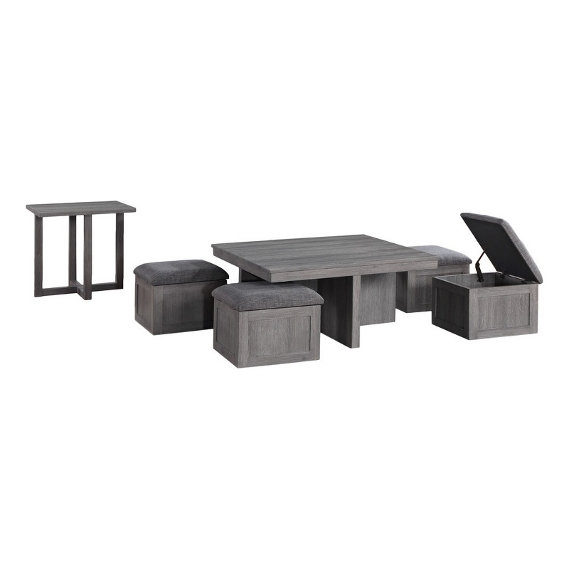 Benjara Mizo 6 PC Coffee Table Set- 1 End Table- Nesting Ottomans- Smooth Gray
