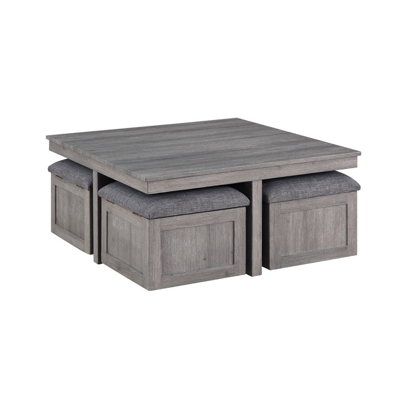 Benjara Mizo 6 PC Coffee Table Set- 1 End Table- Nesting Ottomans- Smooth Gray