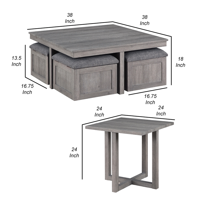 Benjara Mizo 6 PC Coffee Table Set- 1 End Table- Nesting Ottomans- Smooth Gray