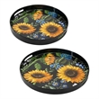 Benjara 2 Piece Modern Decorative Trays- Round Plastic Frame- Sunflower Motifs