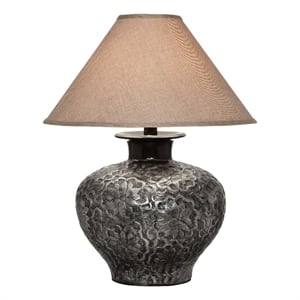 Benjara Neji 26&quot Table Lamp- Curved Pot Design Base- Floral Pattern- Silver