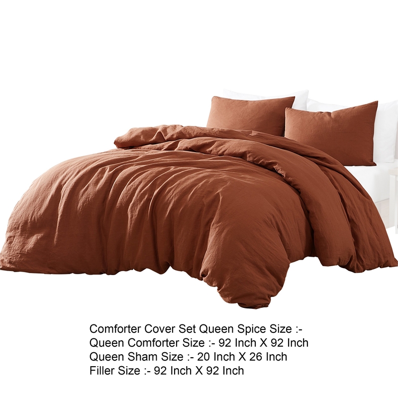 Benjara Edge 4 Piece Queen Size Duvet Comforter Set- Washed Linen- Rust Orange