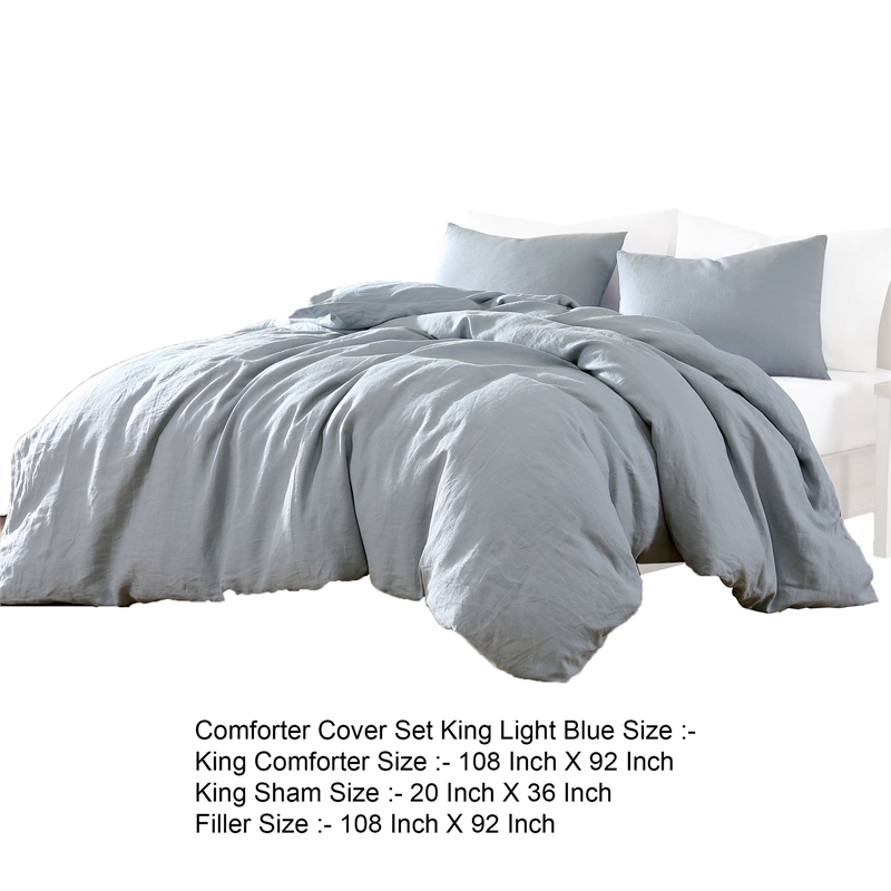 Benjara Edge 4 Piece King Size Duvet Comforter Set- Washed Linen- Light Blue