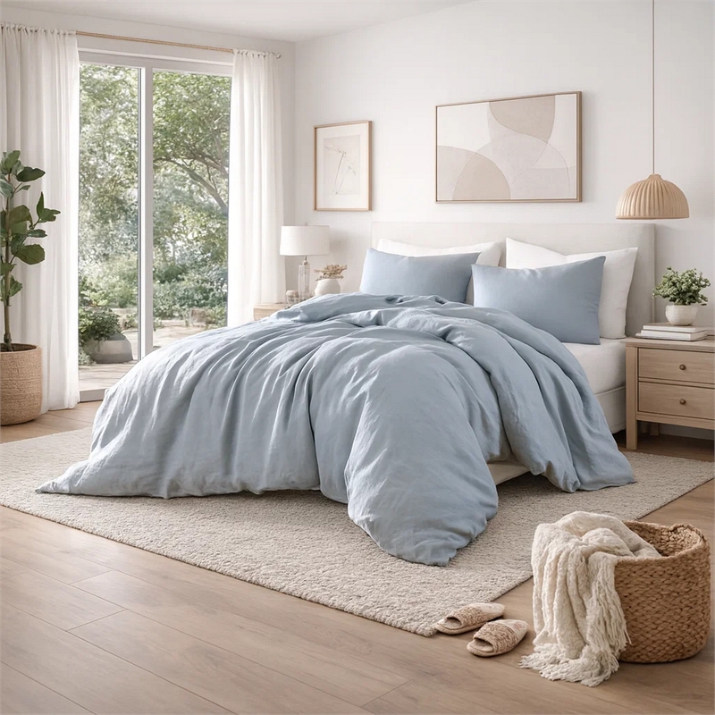 Benjara Edge 4 Piece King Size Duvet Comforter Set- Washed Linen- Light Blue