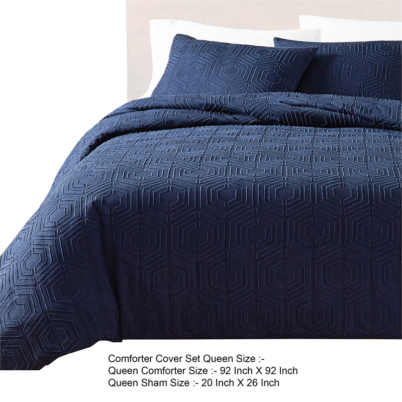 Benjara Jose 3 PC Queen Size Comforter Set- Matching Shams- Jacquard Navy Blue