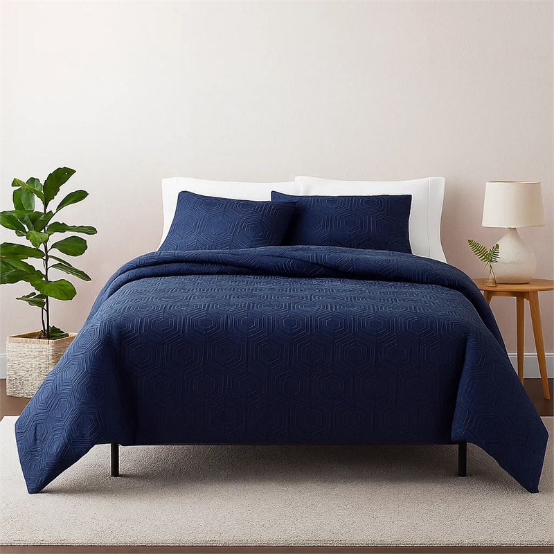Benjara Jose 3 PC Queen Size Comforter Set- Matching Shams- Jacquard Navy Blue