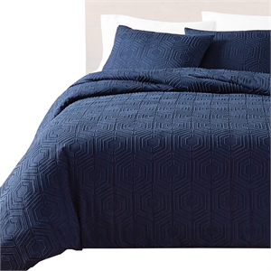 Benjara Jose 3 PC Queen Size Comforter Set- Matching Shams- Jacquard Navy Blue