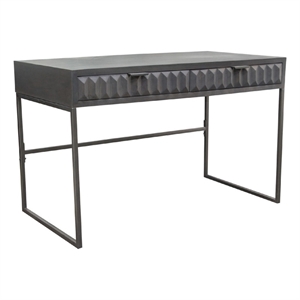 Benjara Fiva 47&quot 2 Drawer Desk- Embossed Geometric Patterns- Smoke Gray Wood