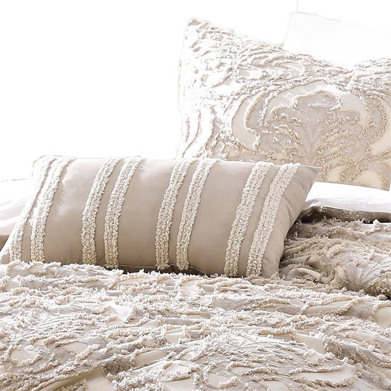 Benjara Kile Modern 6 PC Queen Size Duvet Comforter Set- Beige Medallion Pattern