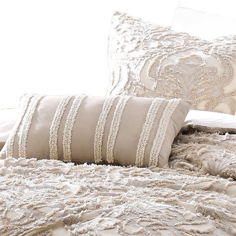 Benjara Kile Modern 6 PC Queen Size Duvet Comforter Set- Beige Medallion Pattern