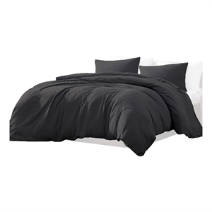 Benjara Uvi 3 Piece Queen Comforter Set- Cotton- Natural Crinkled Texture- Black