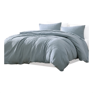 Benjara Uvi 3 Piece Queen Comforter Set- Cotton- Natural Crinkled Texture- Blue