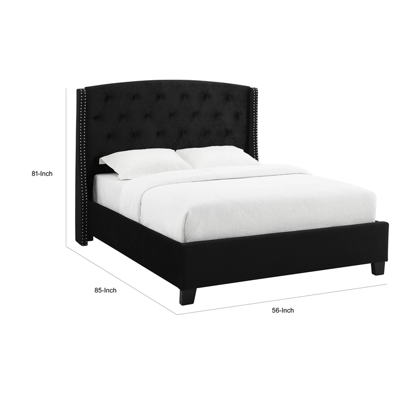 Benjara Elle King Size Bed- Low Profile- Button Tufted Headboard- Black