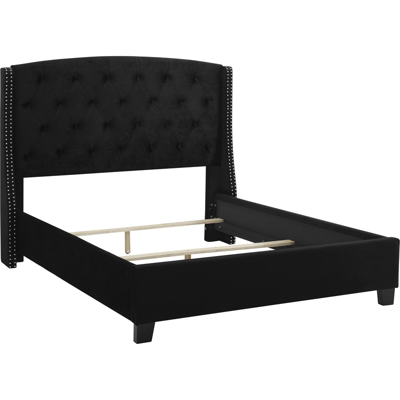 Benjara Elle King Size Bed- Low Profile- Button Tufted Headboard- Black